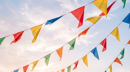 Obraz premium Vibrant triangular flags hang against a cloudy sky at dusk with an abstract holographic feel.