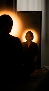 Asian woman looking at herself in mirror with contemplative expression soft light surrounding face self reflection concept studio shot