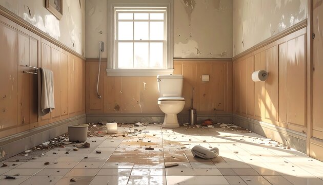 A dilapidated bathroom with a toilet and debris on the floor