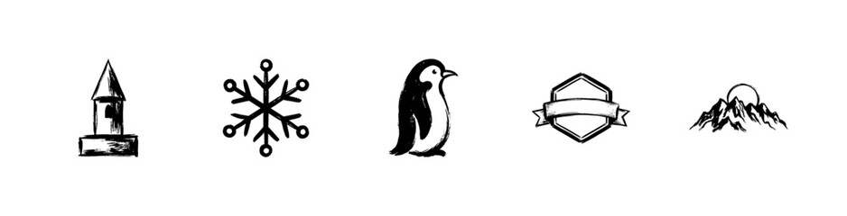 Fototapeta premium Frozen Food and Cold Storage Product Labels with Thick Blue Inky Brush Strokes and Hand-Drawn Sketchy Style