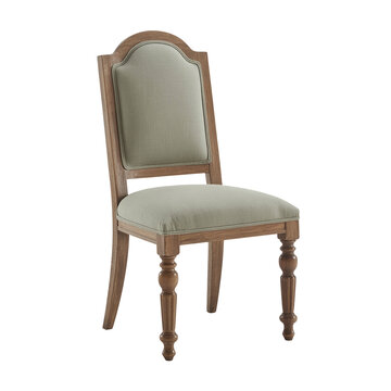 Solid Oak Dining Side Chair with Sage Linen Seat on a Transparent Background