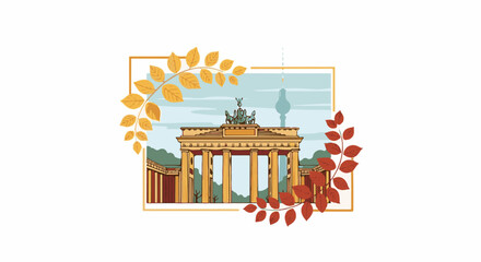 Naklejka premium Autumn leaves frame neoclassical archway with distant tower