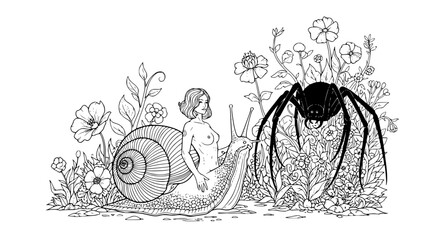 Fantasy snail woman and spider monster in blooming garden vector coloring page silhouette illustration © MdAmzad