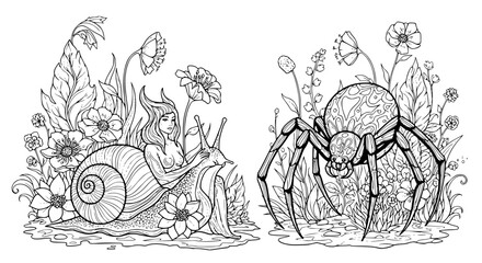 Fantasy snail woman silhouette coloring page with spider monster in enchanted blooming garden illustration © MdAmzad