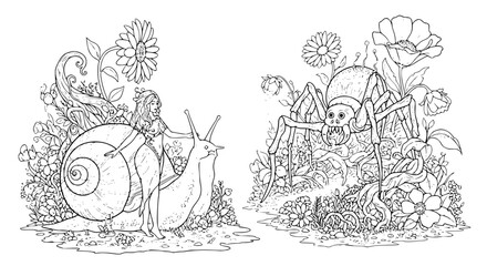 Surreal fantasy garden coloring page with snail woman hybrid and spider monster line art © MdAmzad