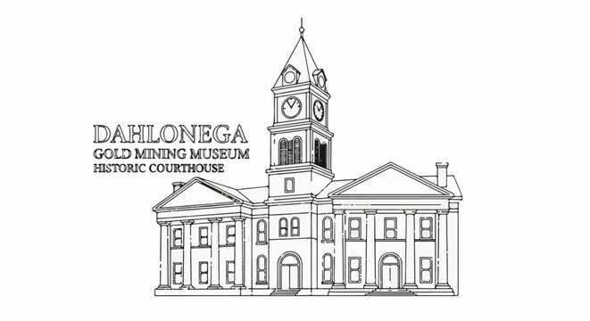 Black and white line drawing of a historic courthouse with a clock tower