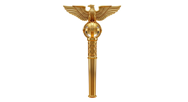 Golden scepter with eagle perched atop crystal orb for royalty symbol intricately detailed 3D render on black background regal power icon