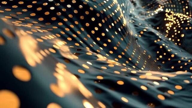Vibrant light patterns create dynamic reflections in a swirling metallic surface with a soft focus background