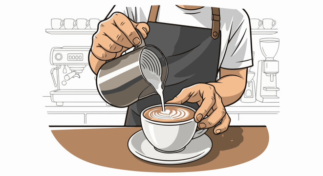 Barista crafting latte art with milk, a coffee machine in background