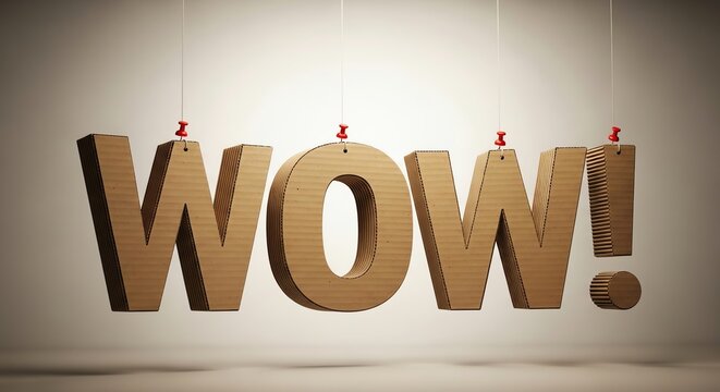 Cardboard letters spelling wow hanging from strings with red thumbtacks