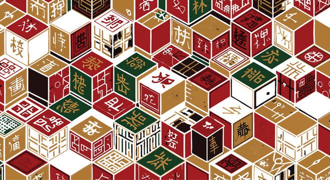 Cubes featuring traditional Chinese calligraphy symbols create a dense isometric pattern.