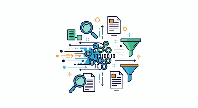Abstract graphic illustrating data processing, analysis, and filtering with binary code