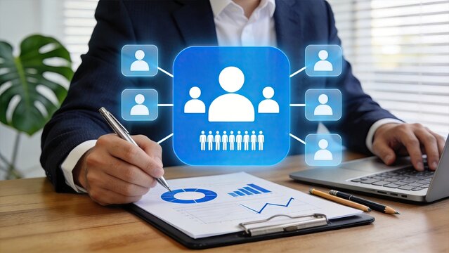 Businessman using laptop and analyzing data charts with digital network interface corporate office professional work business strategy management team collaboration technology