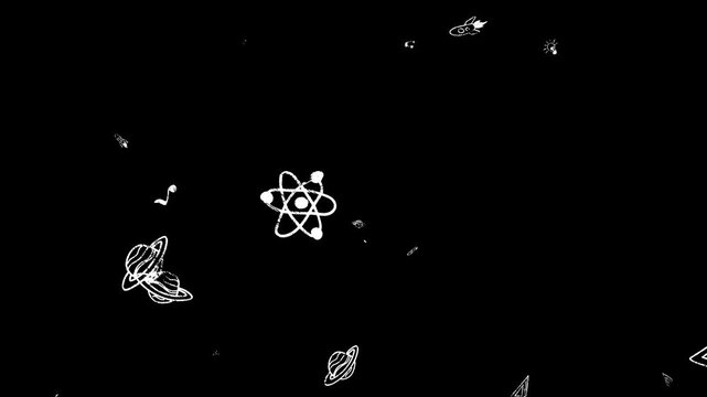 Hand-drawn pencil sketch animation of science doodles, seamless loop with alpha channel transparency, sticker-style design for school projects. Hand drawn Back to School doodle icons isolated items