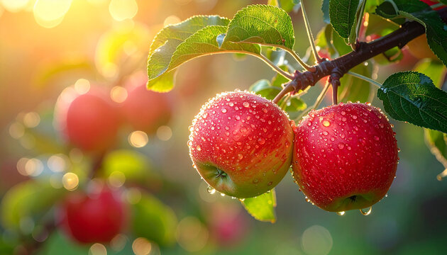 Ripe red apples and fresh berries hang from a leafy green branch in a sunny summer garden, showcasing a healthy autumn harvest of colorful fruit