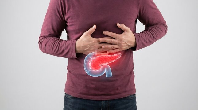Man holds his abdomen while a highlighted graphic of the pancreas indicates internal pain and discomfort.