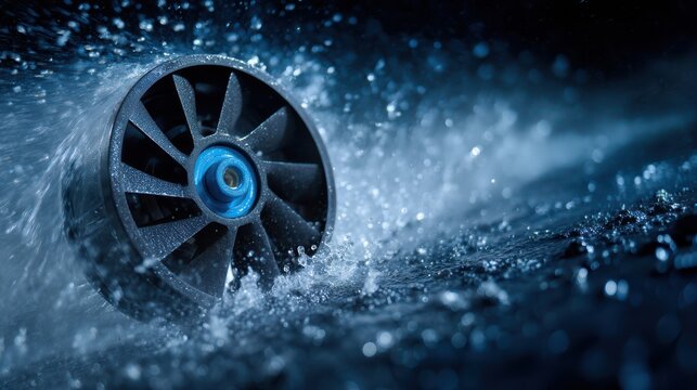 A close-up of a wet jet turbine or impeller spinning rapidly, surrounded by splashing water droplets in a dark, dynamic setting.
