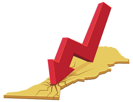 3D illustration of a red downward arrow crashing into a golden map of Morocco, symbolizing economic decline, inflation, market crash, and financial instability (cut out)