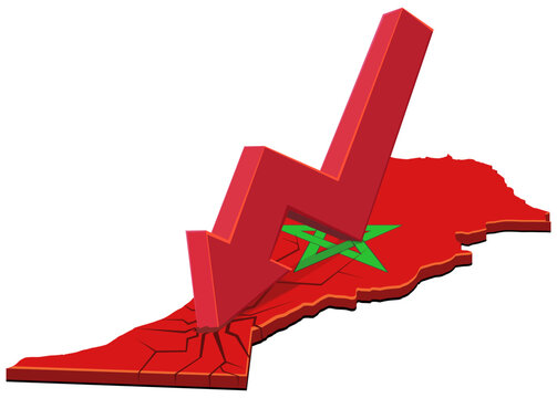 3D red downward arrow crashing into the flag map of Morocco, representing national economic failure, financial crisis, and social instability (cut out)