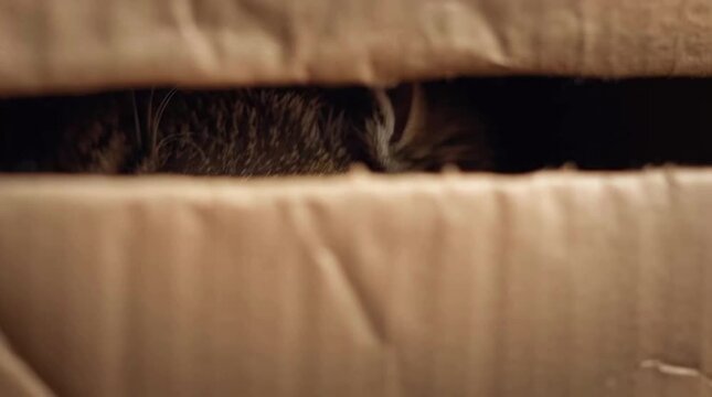 Cute Tabby Kitten Peeking Out from Inside a Cardboard Box