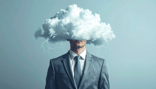 Businessman with cloudy head and lightning bolts represents chaos in decision making