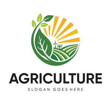 Modern Agriculture Logo Design with Green Fields, Sun Rays, and Renewable Energy Elements for Farming and Eco-Friendly Business