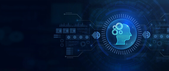 Obraz premium A conceptual digital illustration representing artificial intelligence, featuring a human head silhouette and gears symbolizing thought.