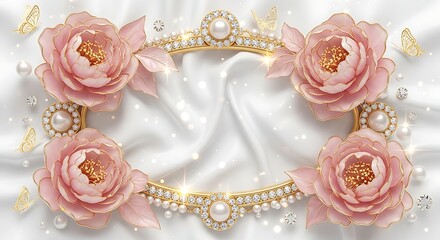 Fototapeta premium A beautiful floral wreath with pink roses and gold jewelry on a white satin background