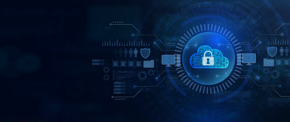 Obraz premium A modern cloud computing illustration featuring digital security and data protection symbols against a blue background.