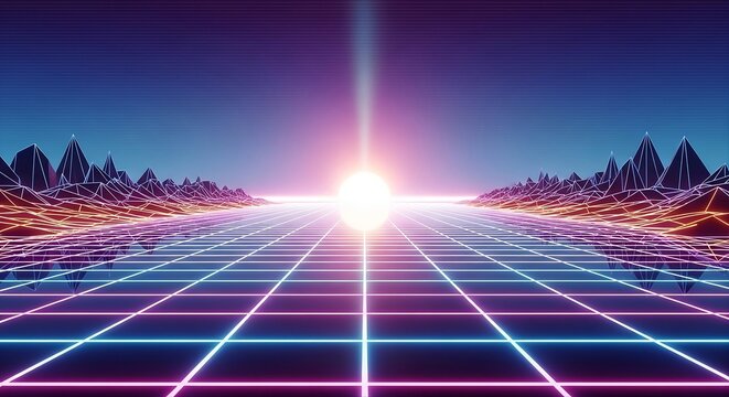 Retro 80s Neon Landscape with Reflective Grid and Sunset Glow