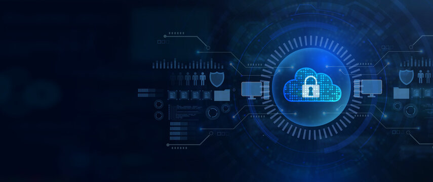 A modern cloud computing illustration featuring digital security and data protection symbols against a blue background.