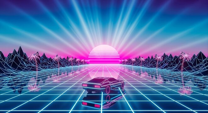 Synthwave Neon Grid Background Retro Futuristic Horizon Glow