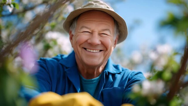 Medium shot of smiling elderly gardener carefully pruning branches, petals falling gently, soft sunlight filtering through spring orchard, casual hat and gardening gloves visible,