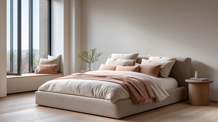 Fototapeta premium Neutral Toned Modern Bedroom with Window Bench and Earthy Decor
