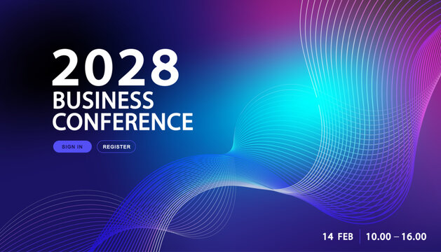 Modern business conference landing page template with vibrant neon wave lines and colorful gradient background for corporate events.