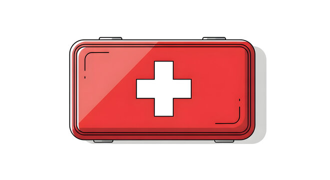 Red first aid kit medical emergency box with white cross symbol isolated on white background illustration