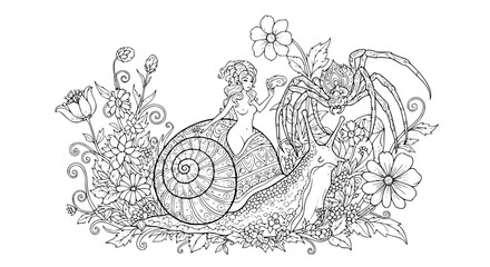 Fantasy snail woman and spider monster silhouette coloring page in enchanted blooming garden © MdAmzad