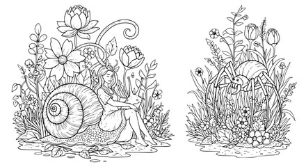 Surreal fantasy garden coloring page with snail woman hybrid and spider monster line art © MdAmzad