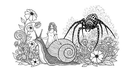Fantasy snail woman silhouette coloring page with spider monster in blooming enchanted garden © MdAmzad
