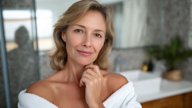Over-the-shoulder perspective of a senior female observing her reflection, hand resting lightly on her chin, subtle smile of self-acceptance, bright clean bathroom with large mirro