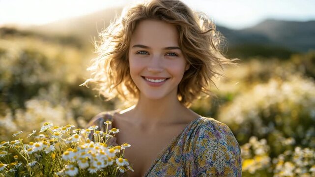 Over-the-shoulder perspective of a smiling woman holding a bouquet of wildflowers in a daisy-filled meadow, golden sun casting gentle rays across flowers and dress, soft haze in ba