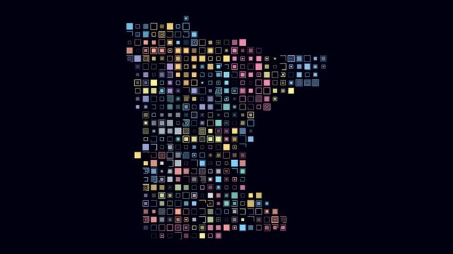Minnesota animated shape. Pulsating colored dots on the map of the state. Large size square blocks. Digital style Minnesota map on dark background. Vibrant animation video.