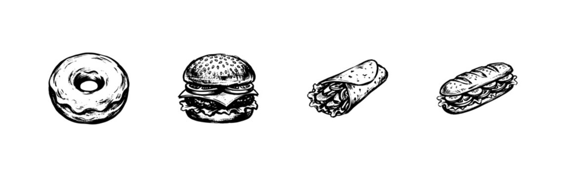 Fast Food and Popular Snack Menu Elements with Chalkboard Style Hand-Drawn Engraving Style