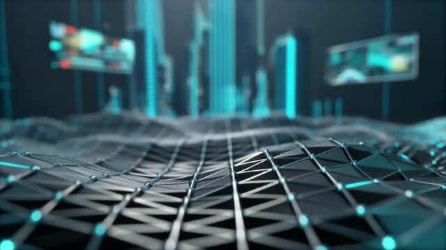 Immersive Digital Cityscape with Abstract Data Grid and Futuristic Glowing Buildings, Representing Advanced Technology, Big Data, and Global Network Connectivity in a Cyber World