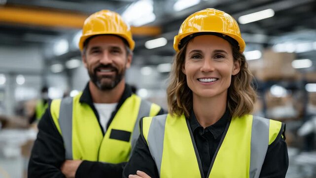 Professional lifestyle portrait of factory workers in safety helmets and reflective vests standing confidently in a spacious warehouse, smiling man and woman front and center, natu