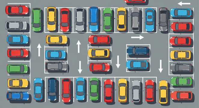 Aerial view of a full parking lot with many colorful cars.