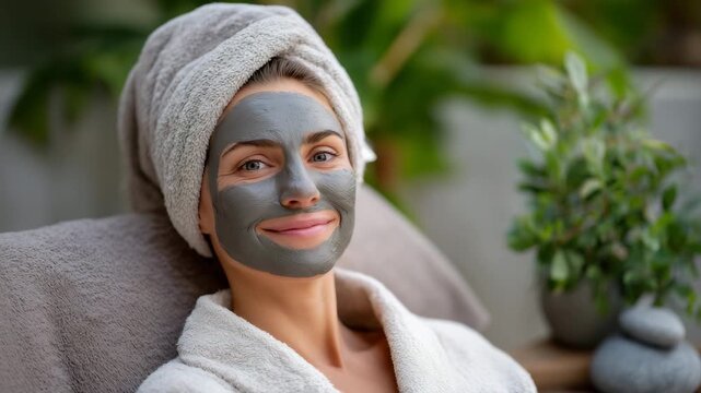 Relaxed woman smiling peacefully while reclining on a spa lounge chair, charcoal clay mask drying with subtle texture cracks, fluffy towel wrap framing her face, eucalyptus plants