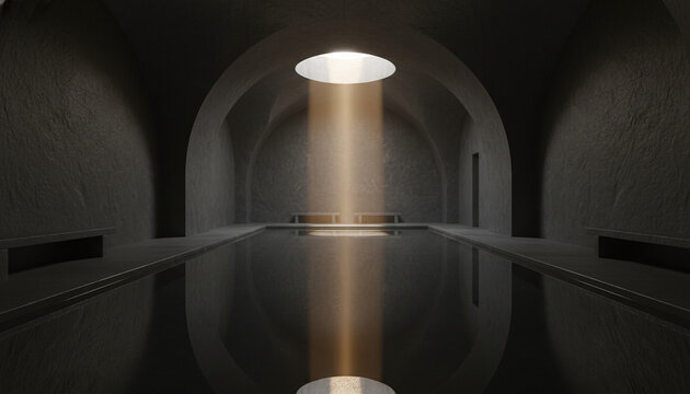Luxury subterranean spa interior with dark basalt stone pool and arched ceiling