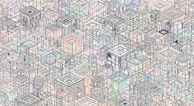 Grid pattern displays an infinite collection of interconnected cubes and geometric structures in a soft pastel color palette.
