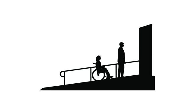 Accessible ramp entrance with person in wheelchair and assistant, symbolizing inclusivity and disability awareness in modern architecture